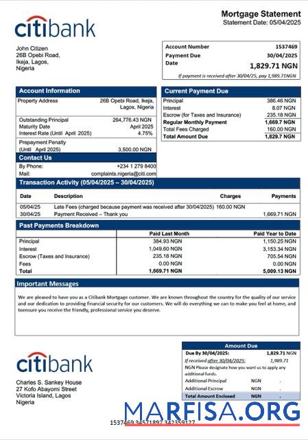 Printable Nigeria Citibank mortgage statement Word and PDF template
